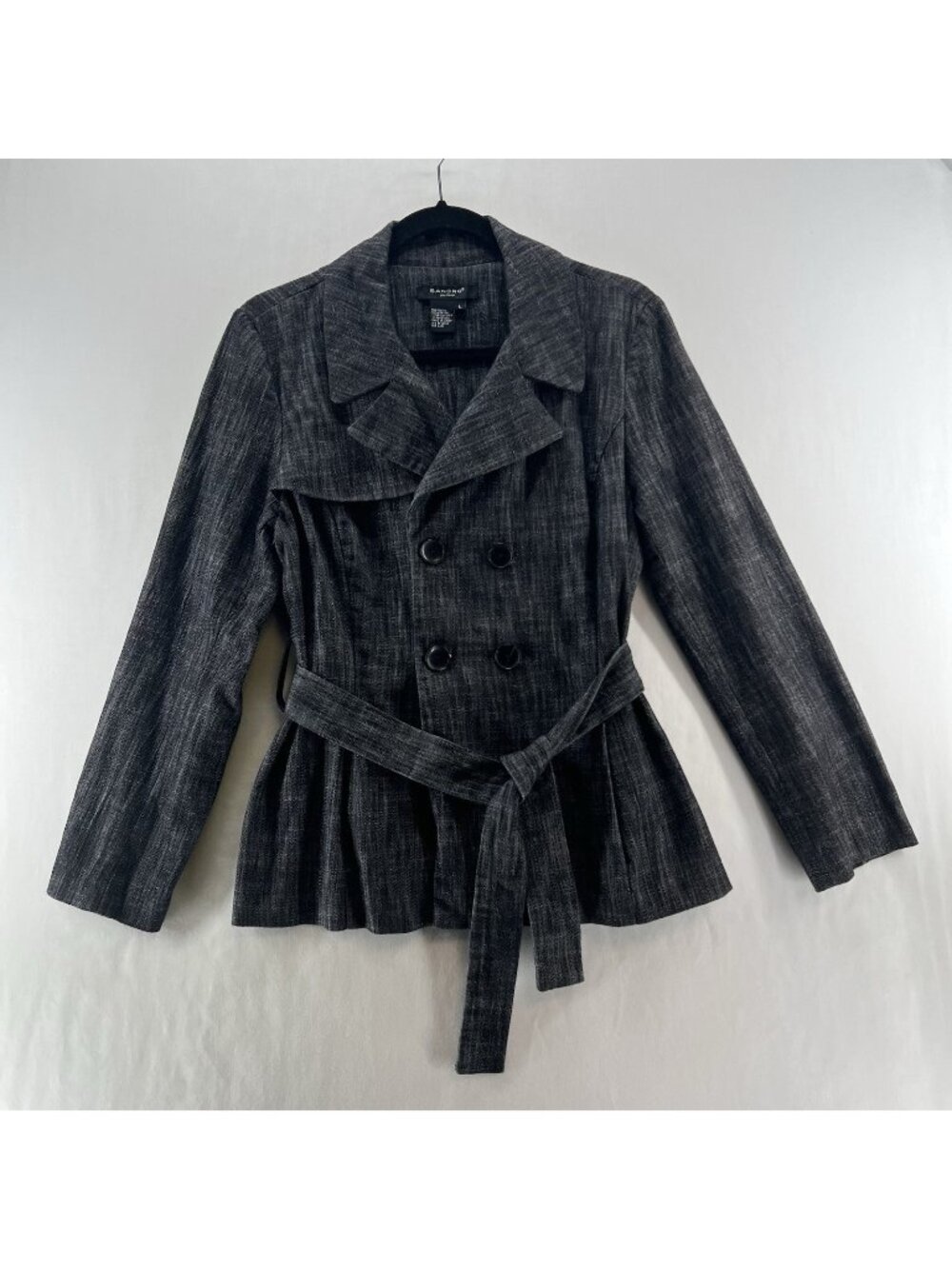 Sandro Double Breasted Trench Coat Jacket Women L Belted Stretch Crosshatch Gray